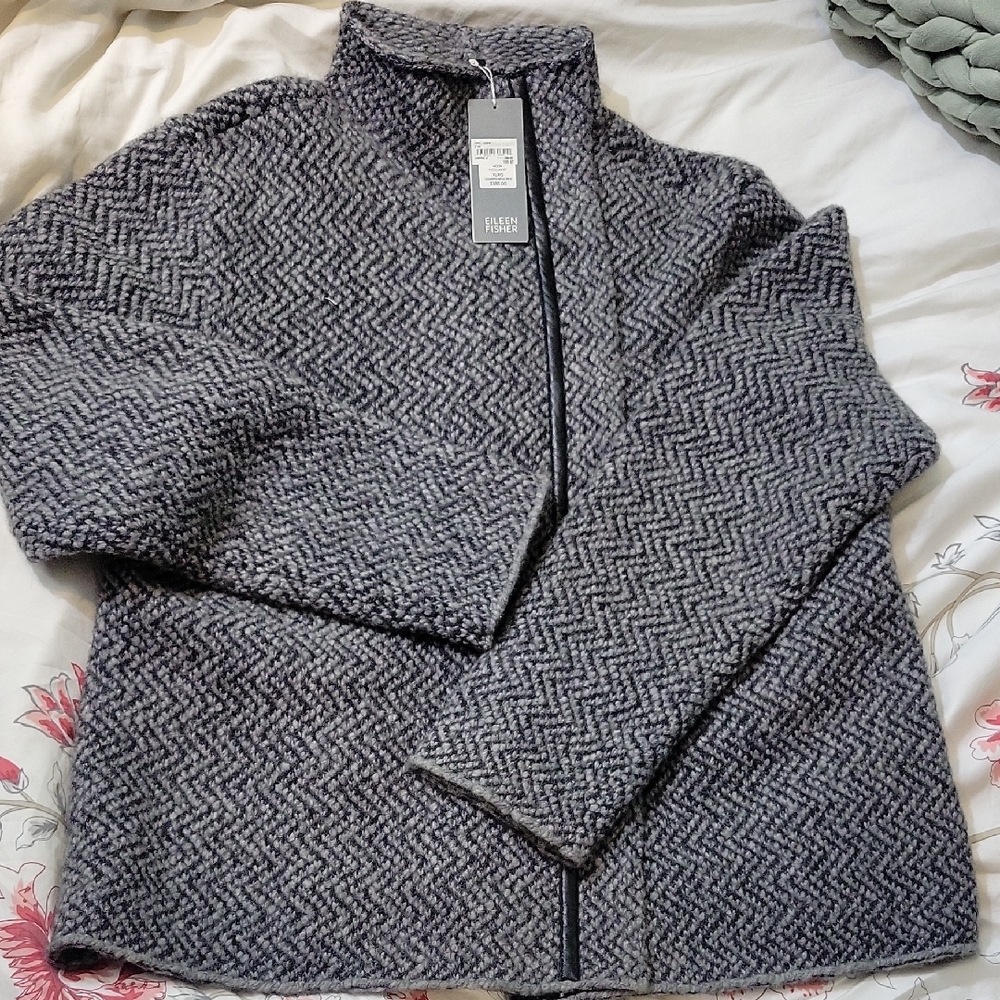 Eileen Fisher Black and Gray Herringbone Wool Jacket